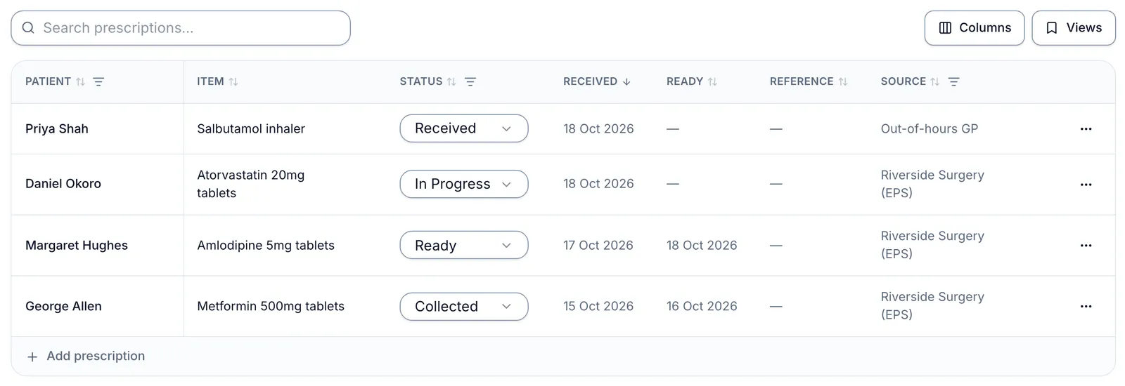 The Prescriptions list: Patient, Item, Status, Received, Ready, Reference and Source columns. Each row has a status dropdown, showing Received, In Progress, Ready and Collected, and the ready date fills in once a prescription is Ready. Add prescription sits at the bottom of the table.