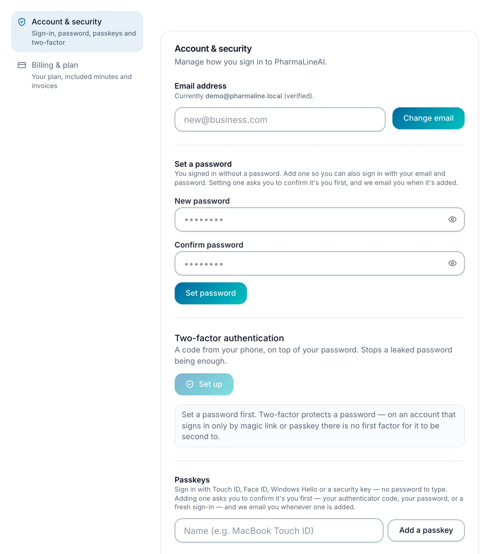 Settings with its two sections down the left, Account & security and Billing & plan, each with a line saying what is in it. Account & security is open beside them, showing the email address, setting a password, two-factor authentication and passkeys.