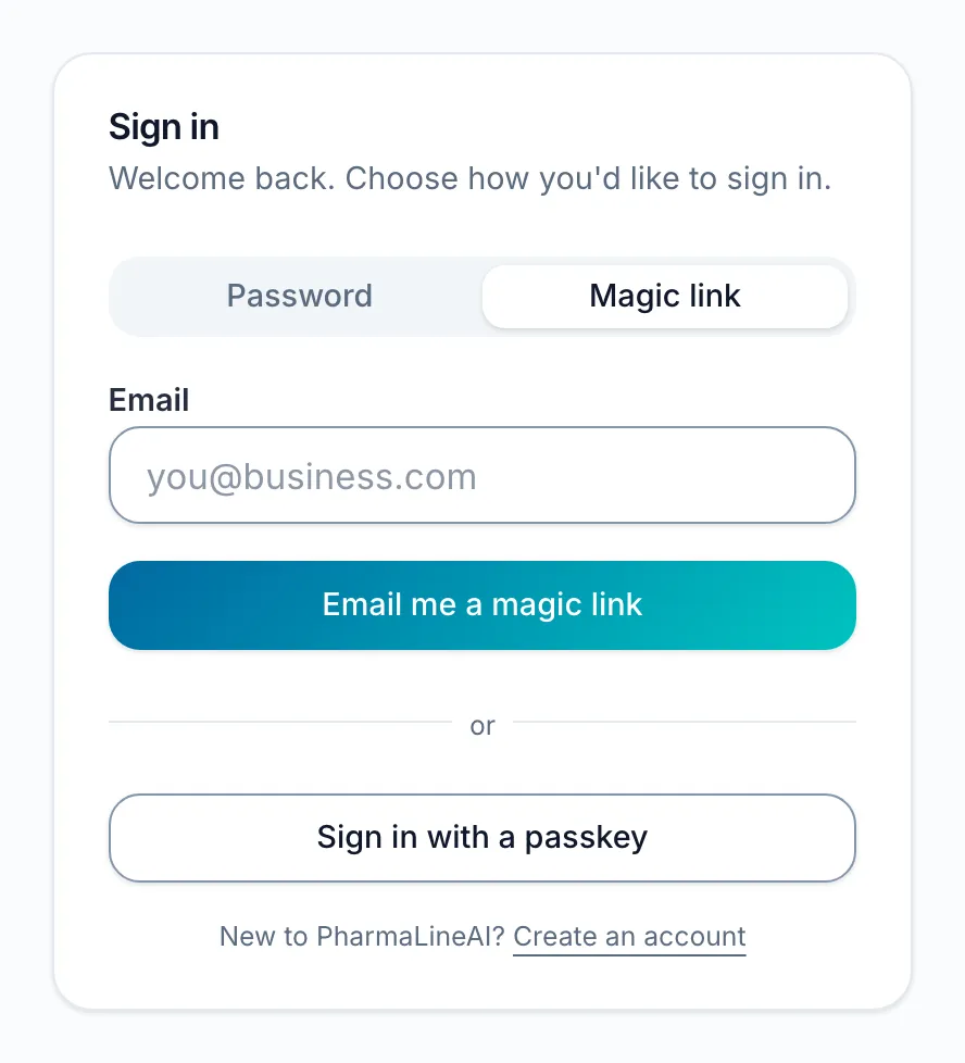 The sign-in card with the Password and Magic link tabs, Magic link chosen: an Email field, the Email me a magic link button, Sign in with a passkey, and Create an account for someone new to PharmaLineAI.