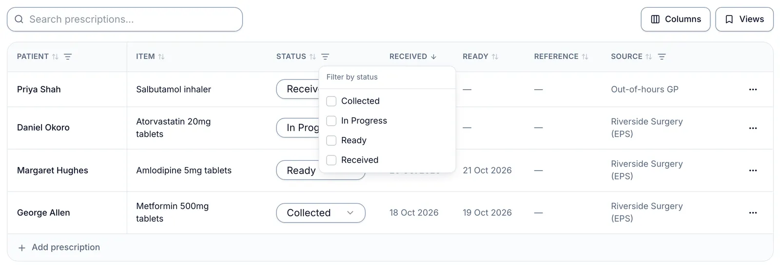 The Prescriptions table with the Status column's filter open: under Filter by status, a tick box for each status in the list, Collected, In Progress, Ready and Received.