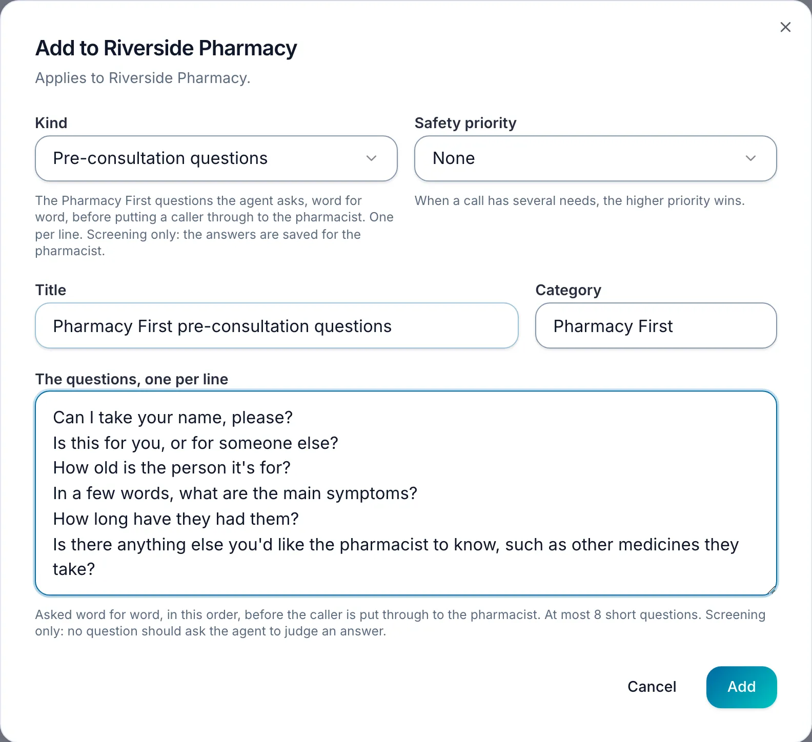 The Add entry form with Kind set to Pre-consultation questions: a Title, a Category, and the questions one per line, from asking the caller's name to whether there is anything else the pharmacist should know, with Cancel and Add.