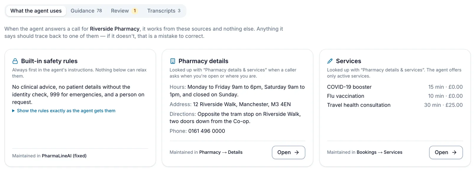 The Training page on its first tab, What the agent uses, beside the Guidance, Review and Transcripts tabs. Cards show the sources: Built-in safety rules, Pharmacy details and Services, each saying how the agent gets it, what it holds, where it is maintained, and an Open button.